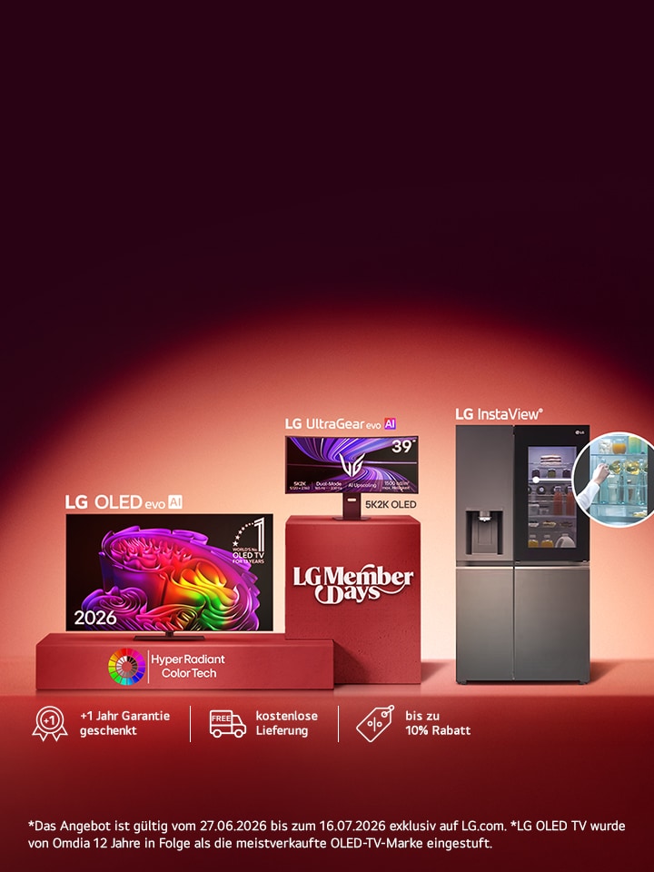 Ein Video zeigt, wie Tickets für die LG Member Days gedruckt werden. Auf den ersten beiden Tickets stehen die Aufschriften „Nur einmal im Jahr, LG Member Days“. Danach werden nacheinander Tickets mit Abbildungen eines LG Fernsehers, einer Soundbar, eines Kühlschranks, einer Waschmaschine, eines Monitors und eines CineBeam-Projektors gedruckt. *Das Angebot ist gültig vom 02.06.2025 bis 15.06.2025 exklusiv auf LG.com, kombinierbar mit den Cashback Angeboten, aber nicht mit anderen Rabattaktionen oder Gutscheincodes, nur solange der Vorrat reicht. LG behält sich in Ausnahmefällen vor, das Angebot frühzeitig zu beenden oder abzuändern.