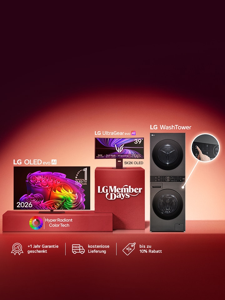 Ein Video zeigt, wie Tickets für die LG Member Days gedruckt werden. Auf den ersten beiden Tickets stehen die Aufschriften „Nur einmal im Jahr, LG Member Days“. Danach werden nacheinander Tickets mit Abbildungen eines LG Fernsehers, einer Soundbar, eines Kühlschranks, einer Waschmaschine, eines Monitors und eines CineBeam-Projektors gedruckt. *Das Angebot ist gültig vom 02.06.2025 bis 15.06.2025 exklusiv auf LG.com, kombinierbar mit den Cashback Angeboten, aber nicht mit anderen Rabattaktionen oder Gutscheincodes, nur solange der Vorrat reicht. LG behält sich in Ausnahmefällen vor, das Angebot frühzeitig zu beenden oder abzuändern.