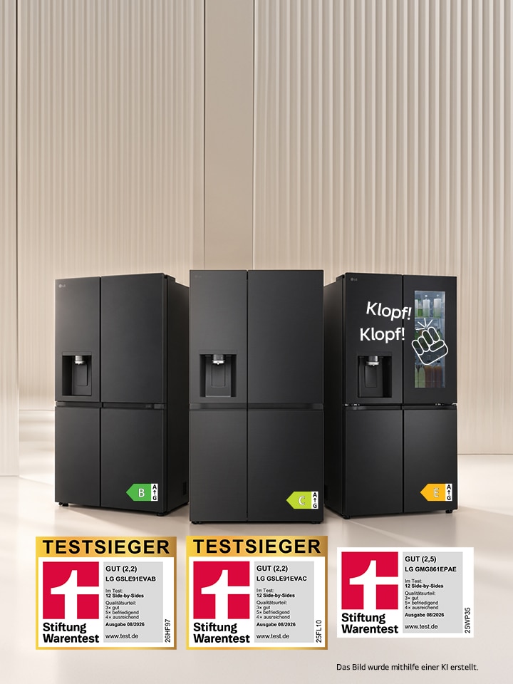 In einem großen weißen Raum sind LG Kühlschränke zu sehen. Abgebildet sind ein silberfarbenes Modell und ein Modell in Schwarz nebeneinander in Vorderansicht, daneben jeweils ein Abzeichen „Testsieger“.