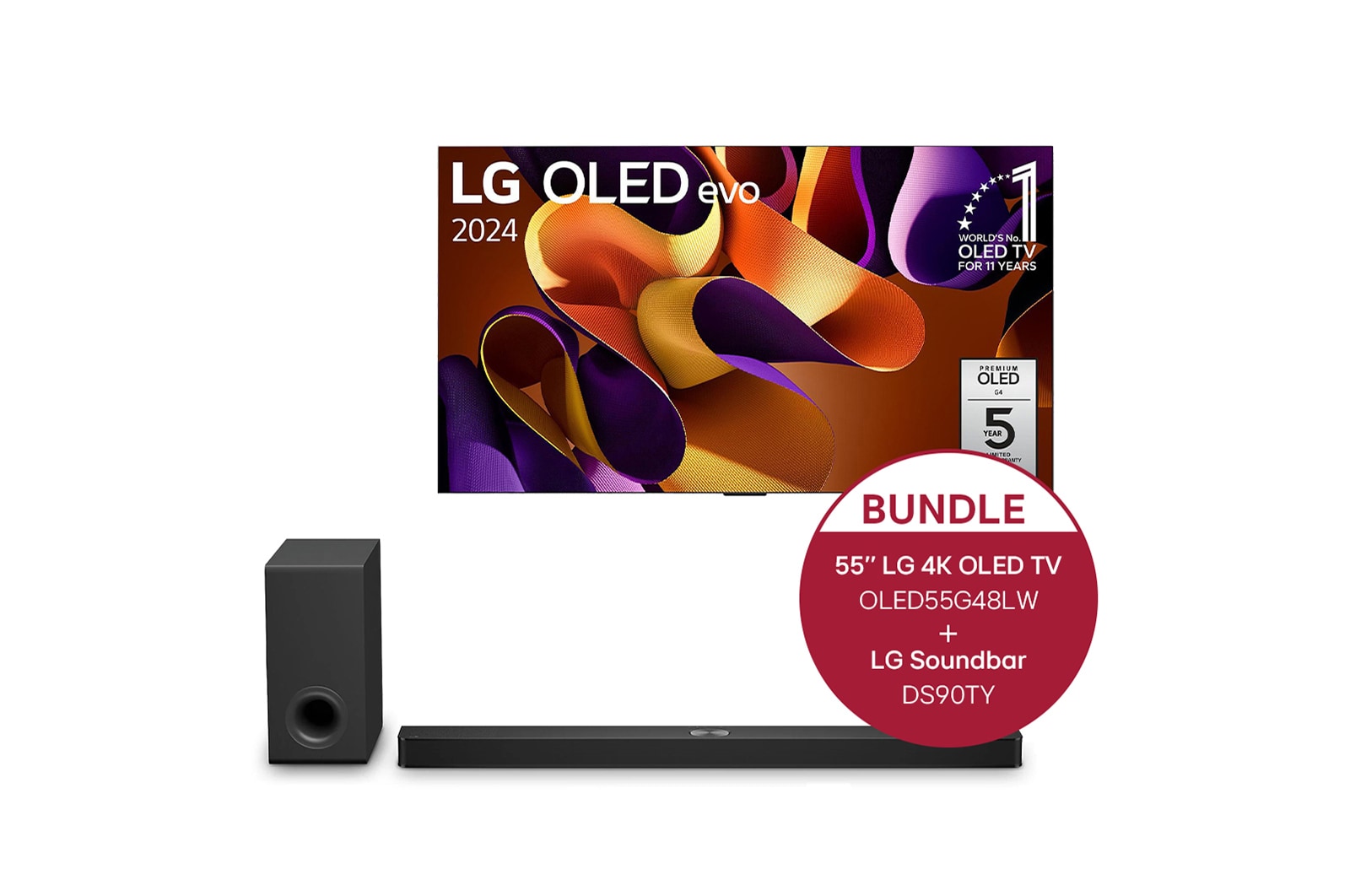 Vorderseite von 55 Zoll LG OLED evo G4 4K Smart TV &#43;5.1.3 Kanal LG TV Soundbar DS90TY mit Dolby Atmos OLED55G48LW.DS90TY