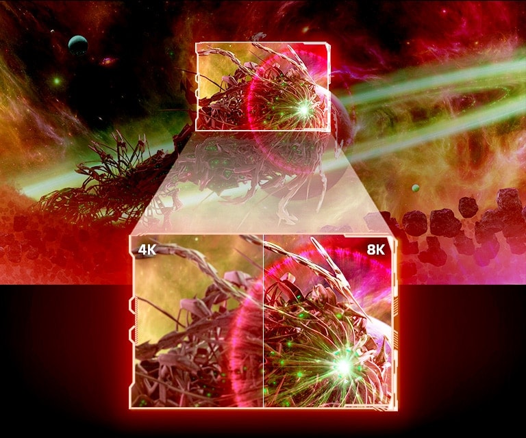 Ein Hintergrundbild besteht aus einen Raumschiff von Außerirdischen, das von Asteroiden umgeben ist. Der mittlere Teil eines Raumschiffs wird auf einem separaten Bild hervorgehoben und in zwei Teile unterteilt – die linke Seite ist in 4K und weniger leuchtend, während die Farben auf der rechten Seite (8K) intensiver strahlen.
