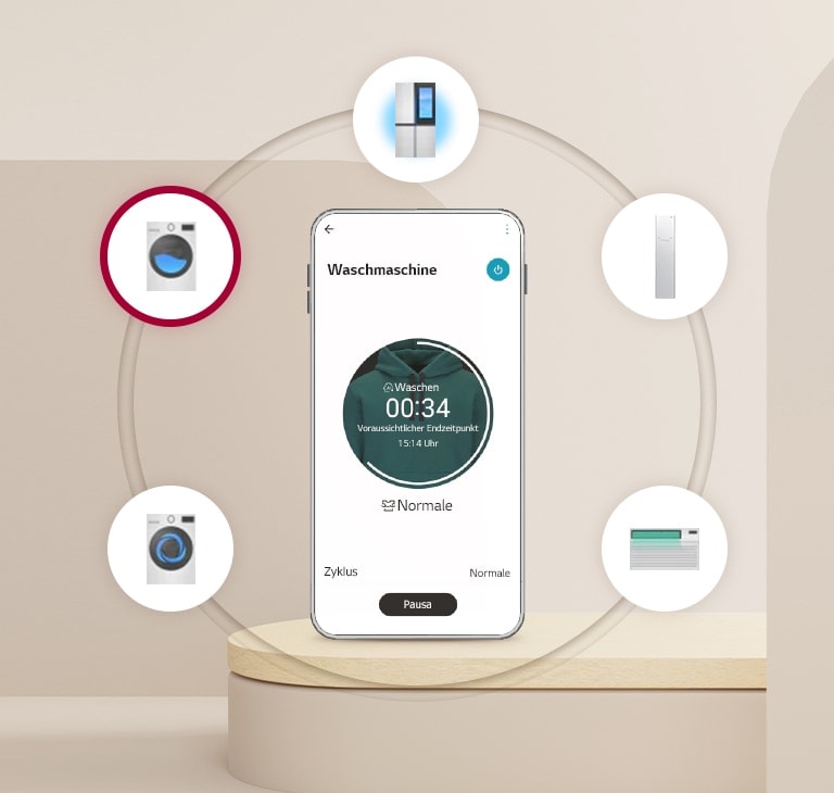 Ein Smartphone steht vor einem beigefarbenen Hintergrund und in sechs Kreisen rund um das Smartphone sind diverse Haushaltsgeräte zu sehen.