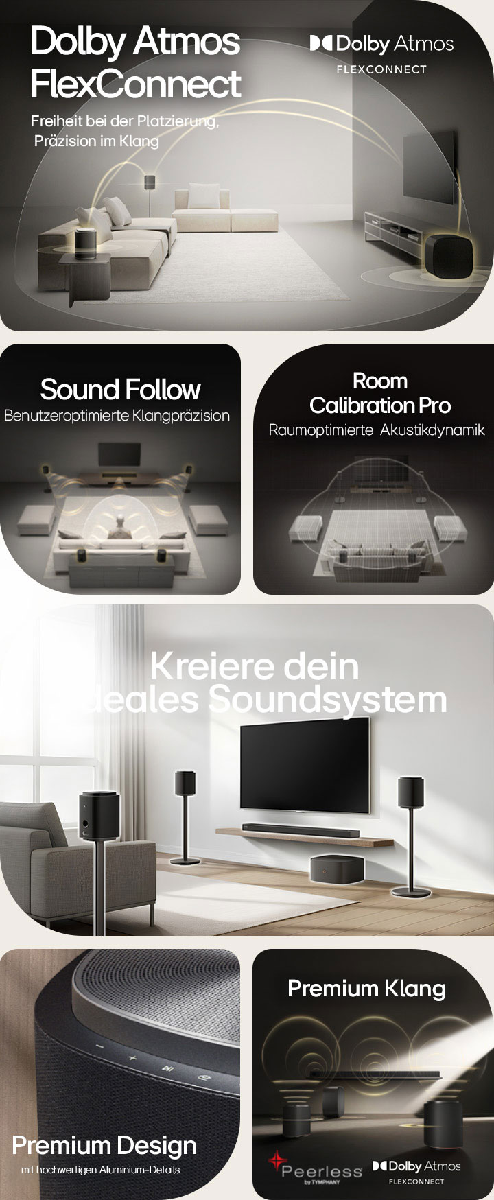 "1) Die LG Sound Suite mit Dolby Atmos FlexConnect-Technologie erkennt den Standort jedes Lautsprechers für einen optimierten Surround Sound 2) Draufsicht auf ein Surround-Soundsystem mit Sound Follow-Technologie für optimalen Klang, wo auch immer du hingehst. 3) LG Sound Suite Room Calibration analysiert den Raum und die Lautsprecherpositionen, um das beste Surround-Sound-System zu liefern. 4) Nahaufnahme des LG Sound Suite-Lautsprechers mit metallic-silbernem und schwarzem Premium-Design. 5) LG Sound Suite mit Dolby Atmos 3D-Raum-Audio und Peerless-Einheiten für Premium-Klang. 6) Ein modernes Wohnzimmer mit wandmontiertem Fernseher und LG Sound Suite Surround-Soundsystem mit KI-gesteuerter räumlicher Audioanpassung."