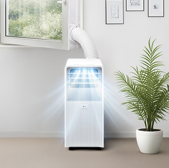 LG mobiles Klimagerät mit schneller Kühlung und sichtbar starkem Luftstrom in einem hellen Raum.