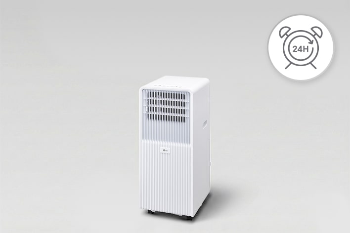 LG portable air conditioner with a 24H alarm clock icon indicating the 24-hour on and off timer feature.