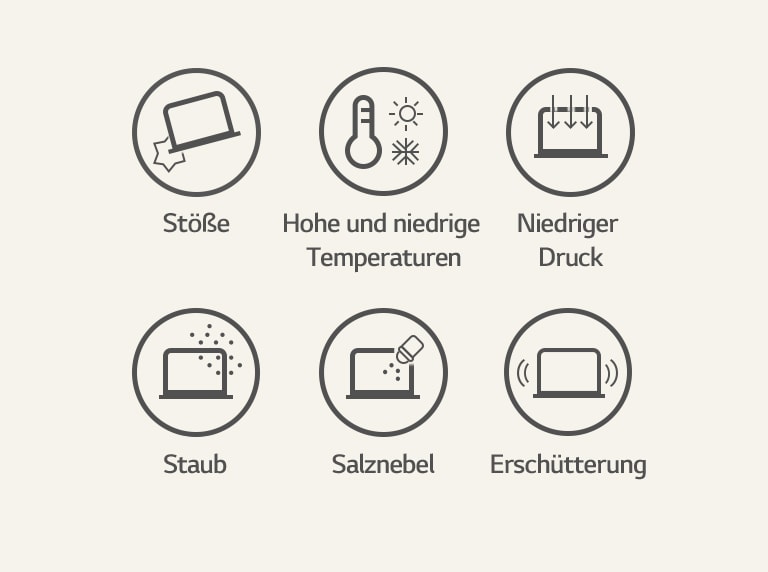 Militärspezifikationssymbole sind zu sehen. Von links: Aufprall, hohe und niedrige Temperaturen, Niedriger Druck, Staub, Salznebel, Erschütterung.