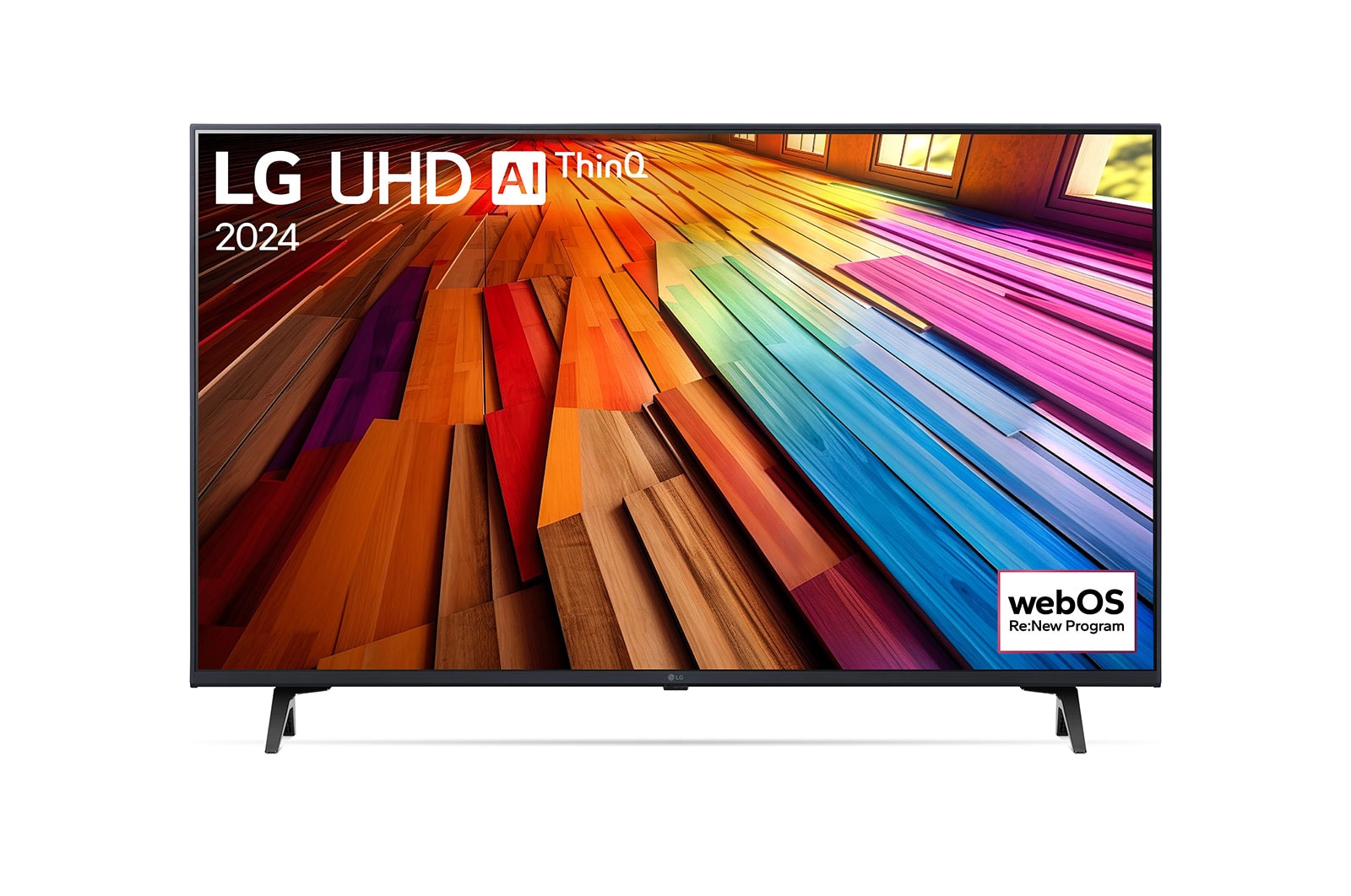 Vorderansicht des LG UHD TV, UT80 mit Text von LG UHD AI ThinQ und 2024 auf dem Bildschirm