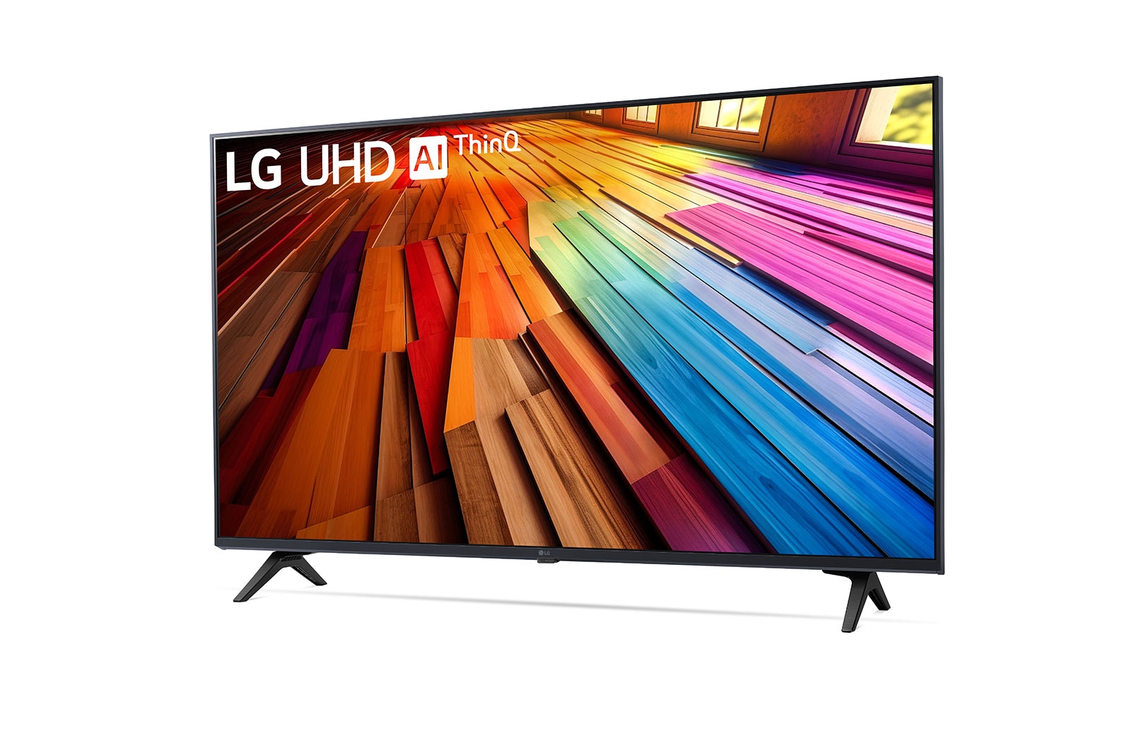 Leicht geneigte, nach links gerichtete Seitenansicht ansicht des LG UHD TV, UT80