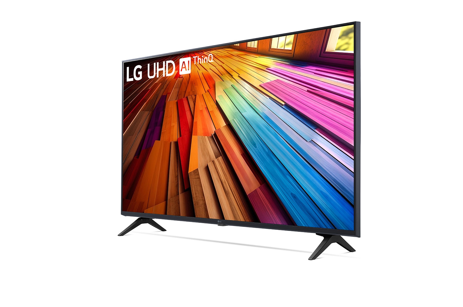 Leicht geneigte, nach links gerichtete Seitenansicht ansicht des LG UHD TV, UT80