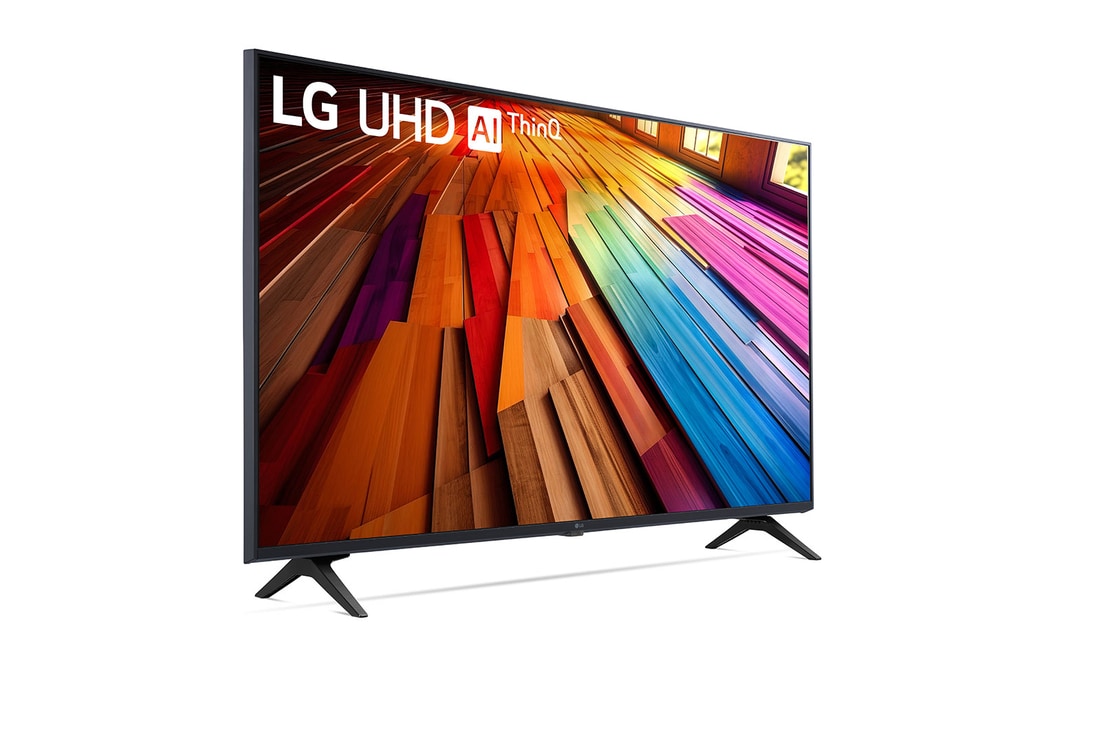  Leicht geneigte, nach rechts gerichtete Seitenansicht des LG UHD-Fernsehers UT80