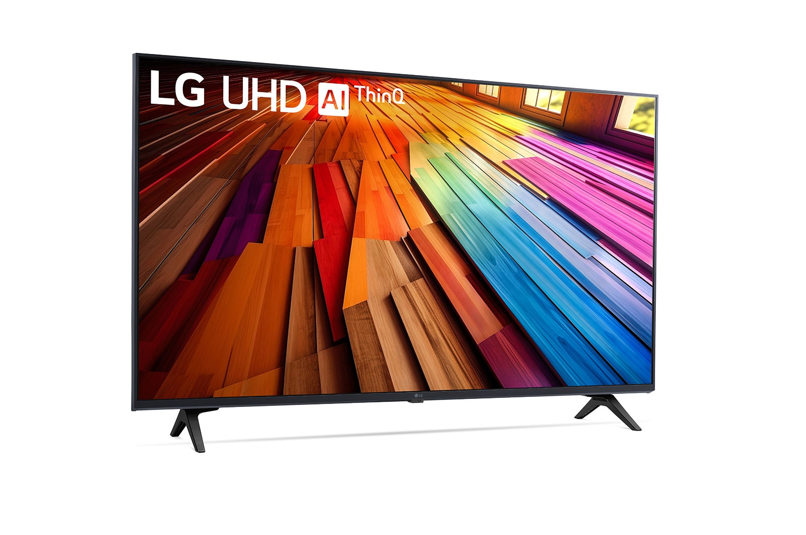 Leicht geneigte, nach rechts gerichtete Seitenansicht des LG UHD-Fernsehers UT80