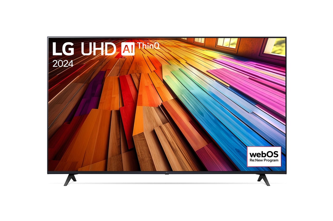 Vorderansicht des LG UHD TV, UT80 mit Text von LG UHD AI ThinQ und 2024 auf dem Bildschirm