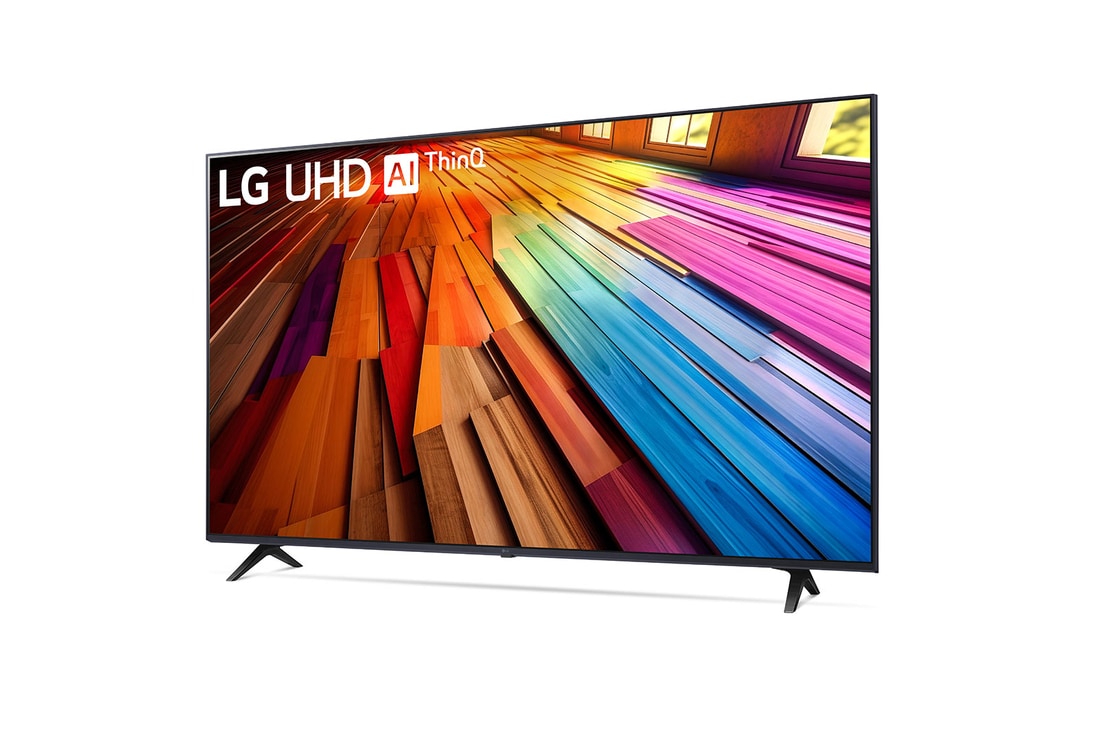 Leicht geneigte, nach links gerichtete Seitenansicht ansicht des LG UHD TV, UT80