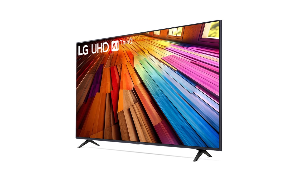 Leicht geneigte, nach links gerichtete Seitenansicht ansicht des LG UHD TV, UT80