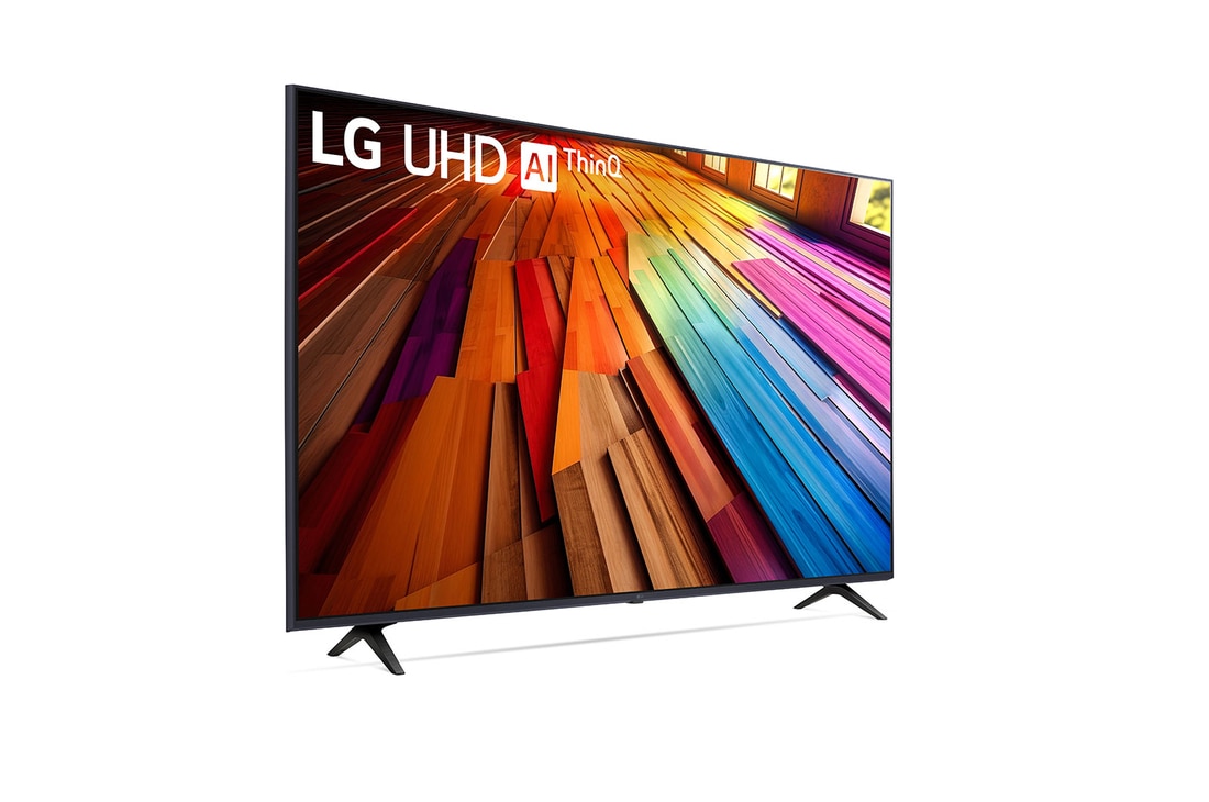 Leicht geneigte, nach rechts gerichtete Seitenansicht des LG UHD-Fernsehers UT80