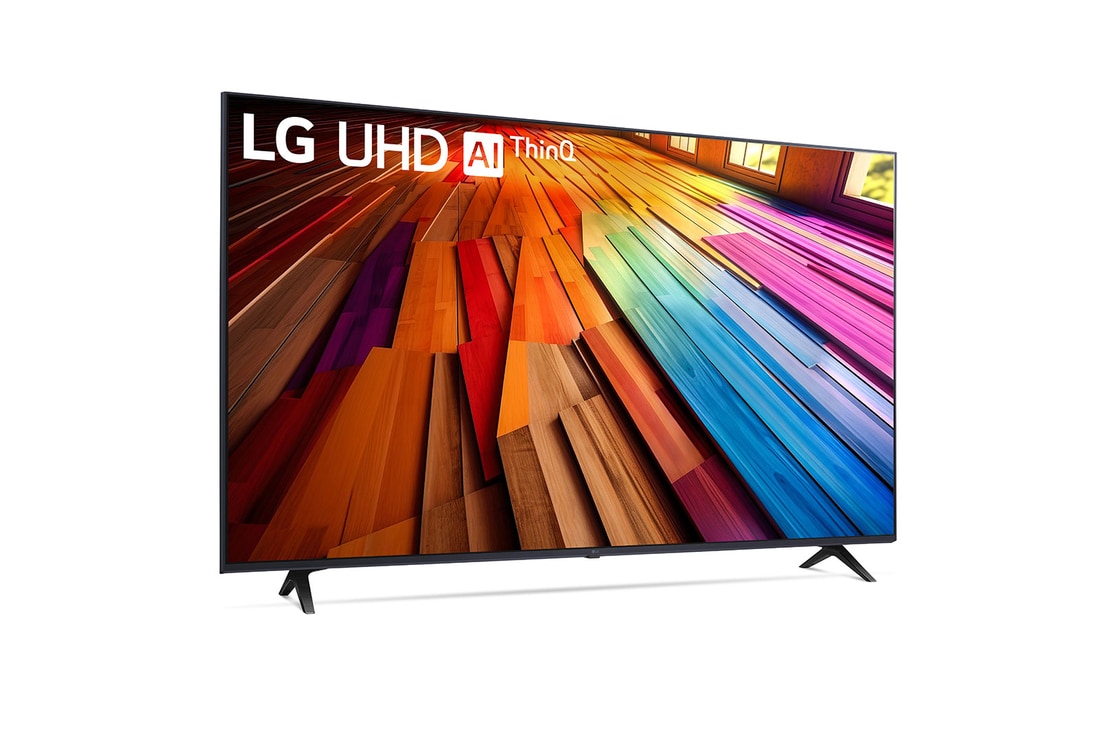  Leicht geneigte, nach rechts gerichtete Seitenansicht des LG UHD-Fernsehers UT80