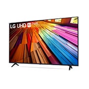 Leicht geneigte, nach links gerichtete Seitenansicht ansicht des LG UHD TV, UT80