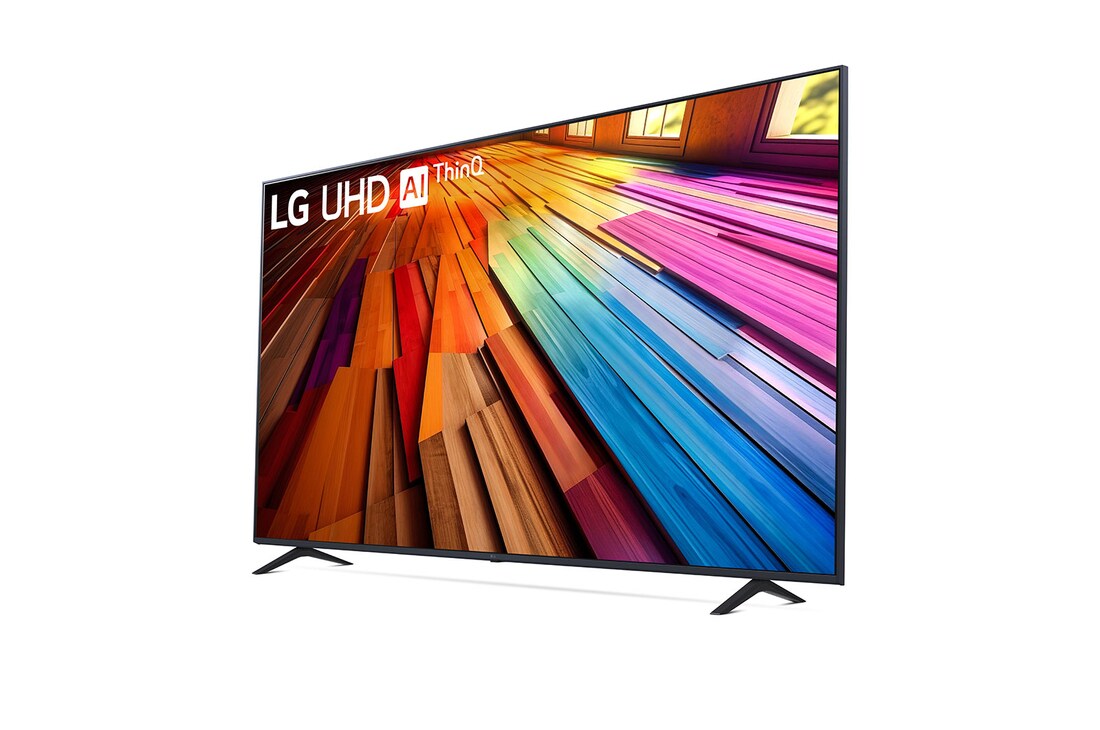 Leicht geneigte, nach links gerichtete Seitenansicht ansicht des LG UHD TV, UT80