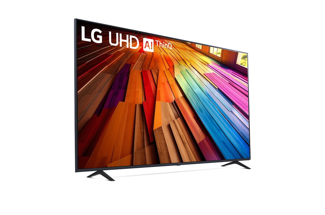  Leicht geneigte, nach rechts gerichtete Seitenansicht des LG UHD-Fernsehers UT80