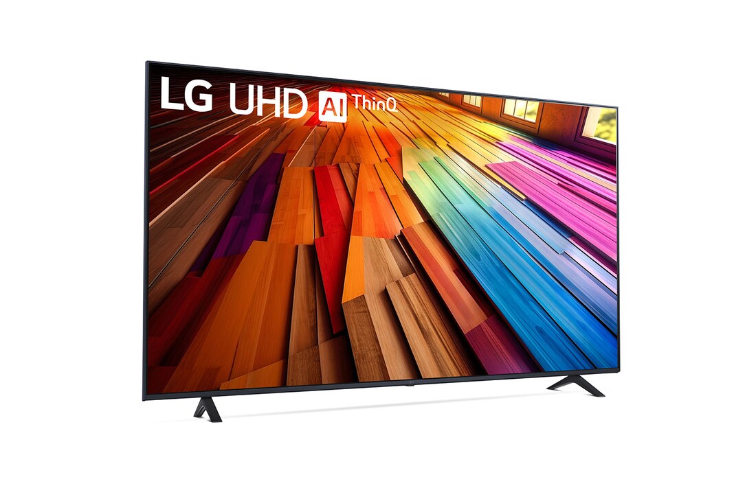  Leicht geneigte, nach rechts gerichtete Seitenansicht des LG UHD-Fernsehers UT80