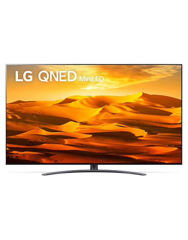 LG 65QNED916QE Vorderansicht des LG QNED TV mit eingefügtem Bild und Produktlogo