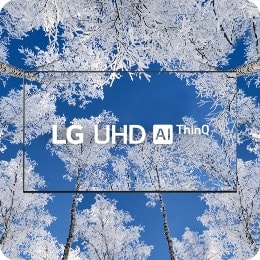 Die Logos von TV und LG UHD befinden sich in der Mitte – eisbedeckte Winterbäume sind auf dem TV-Display und im Hintergrund zu sehen.