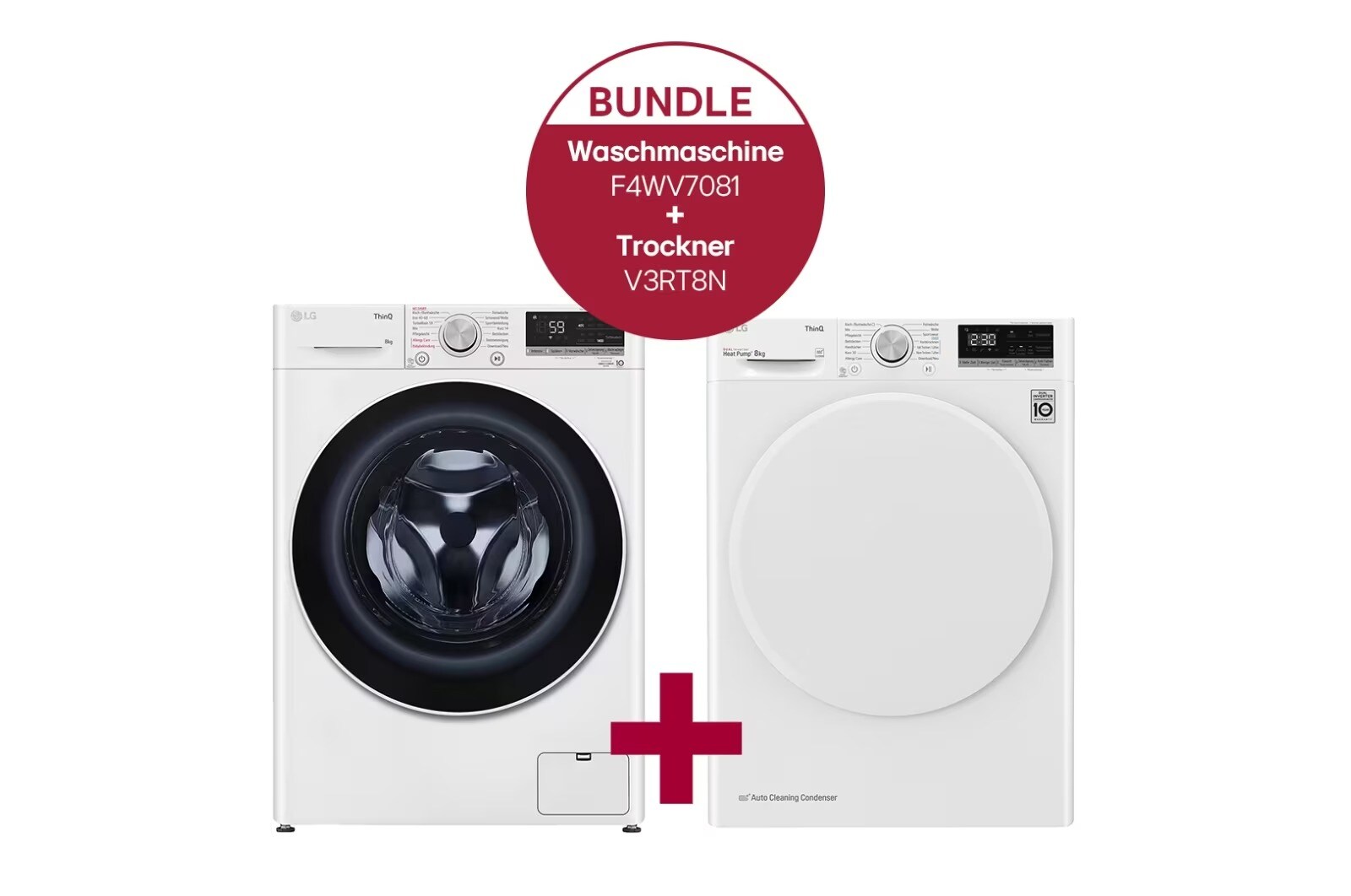 Vorderseite von Waschmaschine | 8 kg Kapazität | EEK A | 1.400 U./Min. | Weiß mit schwarzem Bullauge | F4WV7081 &amp; Trockner mit Dual Inverter Wärmepumpentechnologie | Automatisch selbstreinigender Kondensator | 8 kg Fassungsvermögen | Wi-Fi-Funktion | EEK A&#43;&#43; F4WV7081.V3RT8N