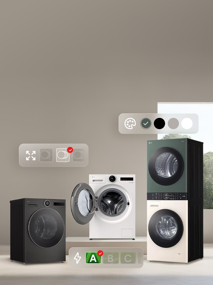 LG-Wäscheangebot mit Symbolen für Farbe, Kapazität und Energie. Weiße Waschmaschine, schwarzer Trockner und grün-beiger WashTower