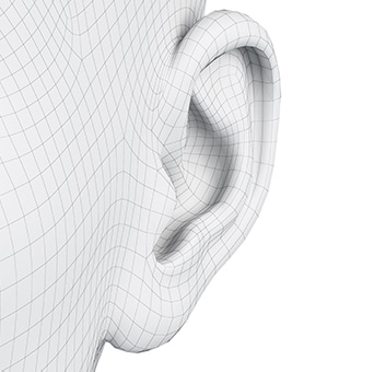 Darstellung eines Ohrs. Die Darstellung eines Ohrs mit drei schwarzen und weißen Punkten zur Verdeutlichung der Markierung. Eine Darstellung eines Ohrs mit dem Ohrstöpsel im Inneren, um die virtuelle Anpassung zu zeigen. Eine Darstellung eines Ohrs mit schwarzen Punkten und Linien zur Darstellung der ergonomischen Analyse.