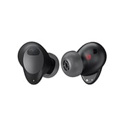 The left earbud is seen from the rear and the right earbud is seen from the front, turned 15 degrees to the left.