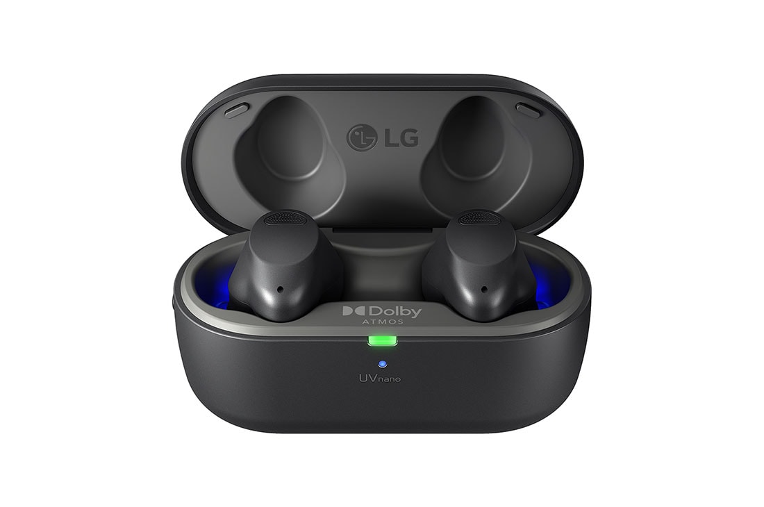 The lid of the cradle is open, showing light coming out through the earbuds inside.