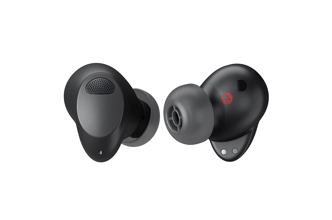 The left earbud is seen from the rear and the right earbud is seen from the front, turned 15 degrees to the left.