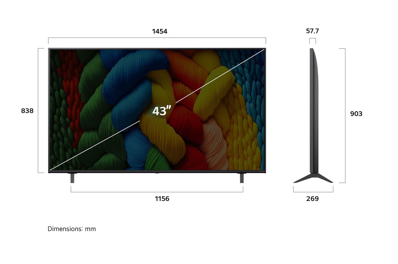 Visning forfra og fra siden af LG NanoCell NANO80 AI 4K Smart TV, hvor dets mål for længde, bredde, højde og dybde ses.