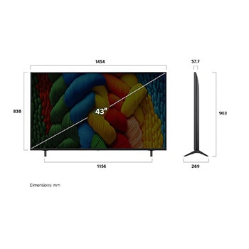 Visning forfra og fra siden af LG NanoCell NANO80 AI 4K Smart TV, hvor dets mål for længde, bredde, højde og dybde ses.