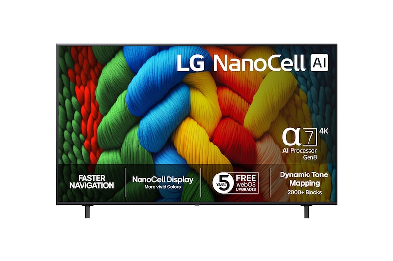 Visning forfra af LG 50" NanoCell AI NANO80 4K Smart TV 2025 50NANO80A6B