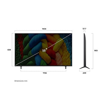 Visning forfra og fra siden af LG NanoCell NANO80 AI 4K Smart TV, hvor dets mål for længde, bredde, højde og dybde ses.