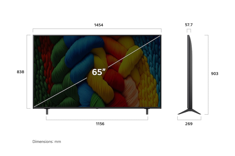 Visning forfra og fra siden af LG NanoCell NANO80 AI 4K Smart TV, hvor dets mål for længde, bredde, højde og dybde ses.