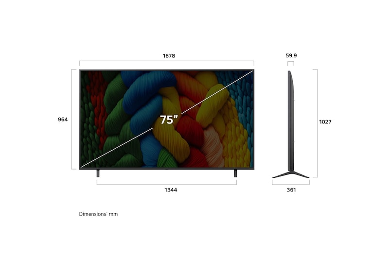 75” LG NanoCell AI NANO80 4k Smart TV 2025 dimention image