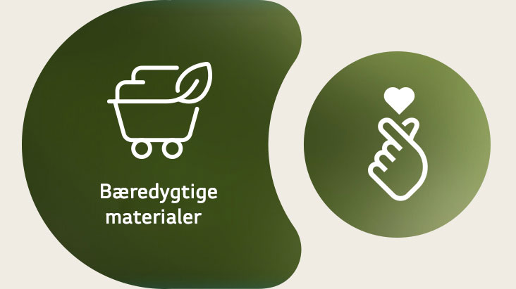 Til venstre vises et ikon for LG's bæredygtige materialer med navnet skrevet nedenunder. Til højre vises et ikon for ESG finger-heart.
