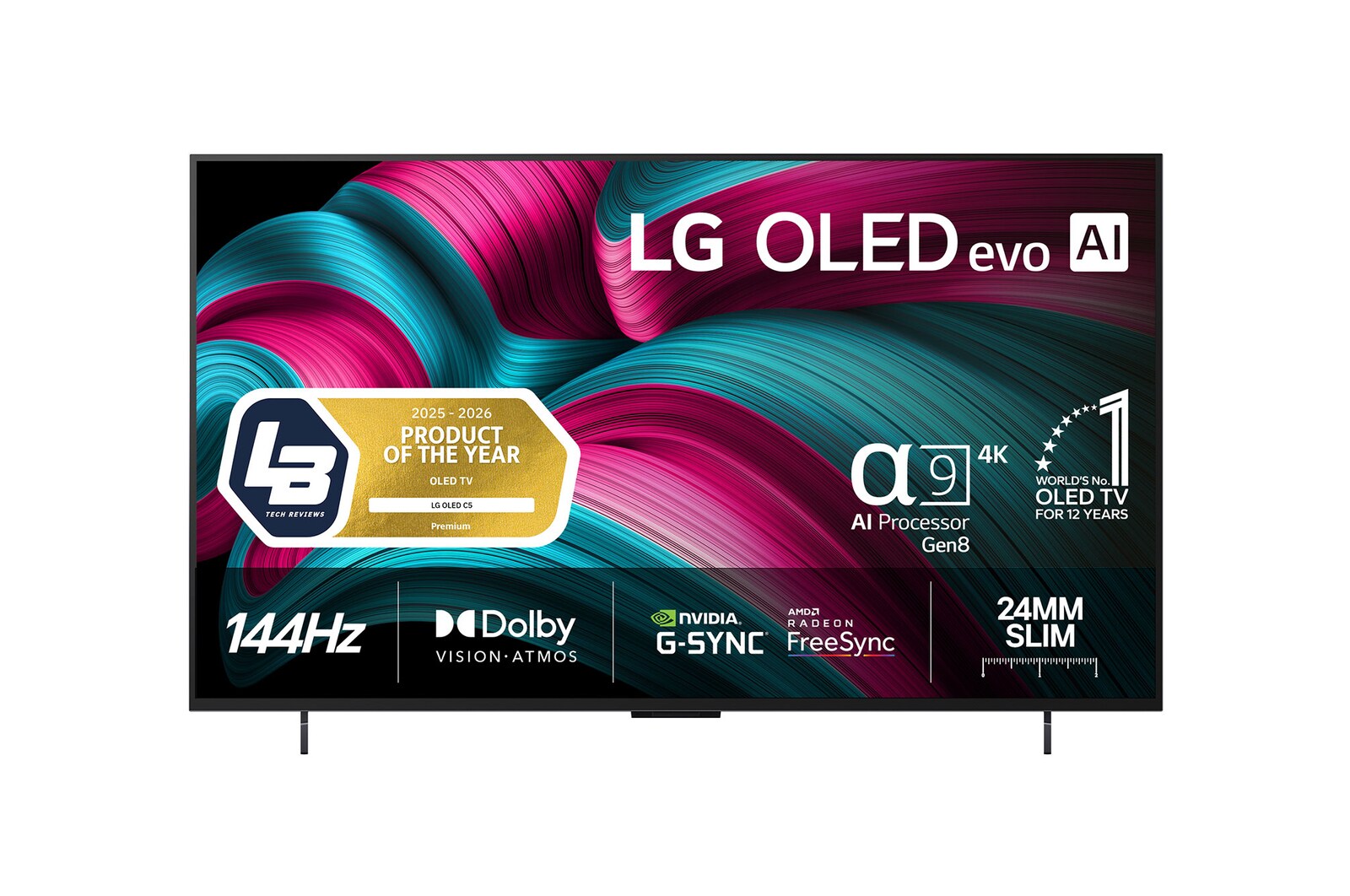 Visning forfra af LG OLED evo AI C5 4K Smart TV. På skærmen er der et emblem for 12 år som nummer 1 OLED i verden og logo for LG OLED evo AI 2025.
