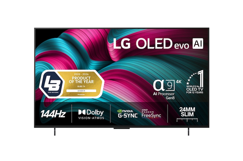 Visning forfra af LG OLED evo AI C5 4K Smart TV. På skærmen er der et emblem for 12 år som nummer 1 OLED i verden og logo for LG OLED evo AI 2025.