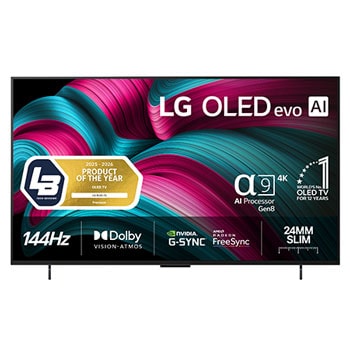 Visning forfra af LG OLED evo AI C5 4K Smart TV. På skærmen er der et emblem for 12 år som nummer 1 OLED i verden og logo for LG OLED evo AI 2025.