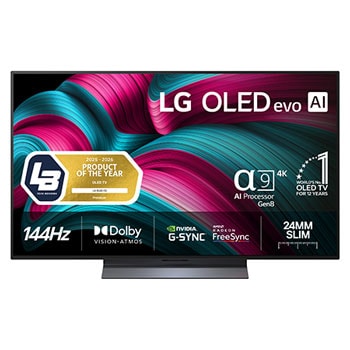 Visning forfra af LG OLED evo AI C5 4K Smart TV. På skærmen er der et emblem for 12 år som nummer 1 OLED i verden og logo for LG OLED evo AI 2025.
