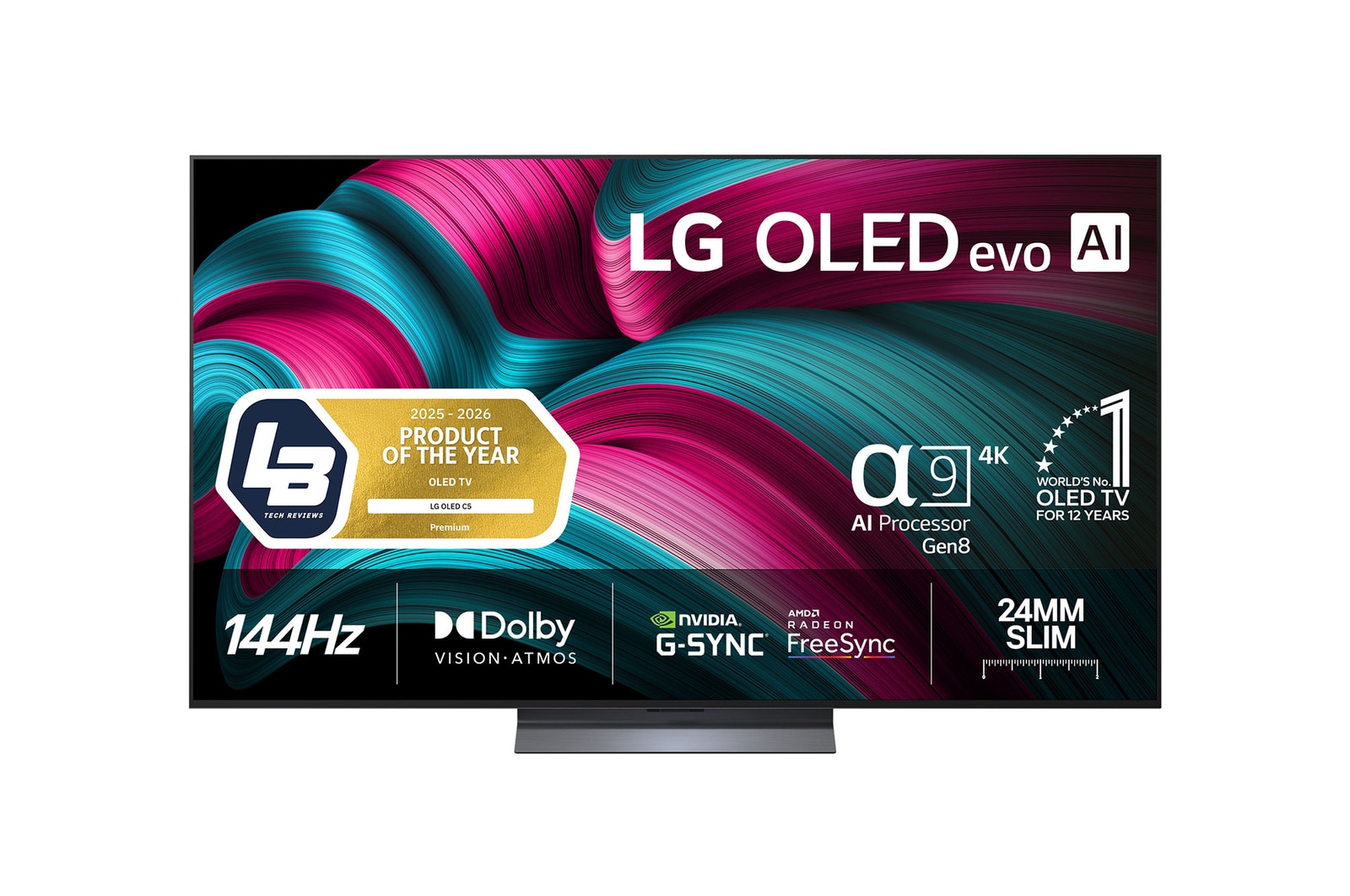 Visning forfra af LG OLED evo AI C5E 4K Smart TV. På skærmen er der et emblem for 12 år som nummer 1 OLED i verden og logo for LG OLED evo AI 2025.