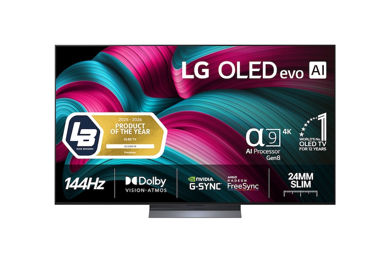 Visning forfra af LG OLED evo AI C5E 4K Smart TV. På skærmen er der et emblem for 12 år som nummer 1 OLED i verden og logo for LG OLED evo AI 2025.