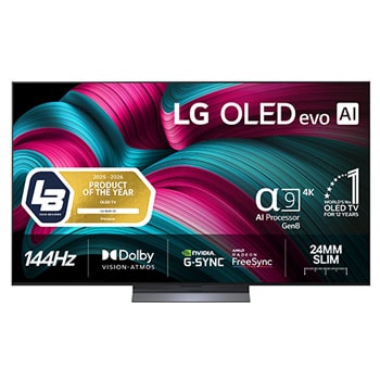 Visning forfra af LG OLED evo AI C5E 4K Smart TV. På skærmen er der et emblem for 12 år som nummer 1 OLED i verden og logo for LG OLED evo AI 2025.