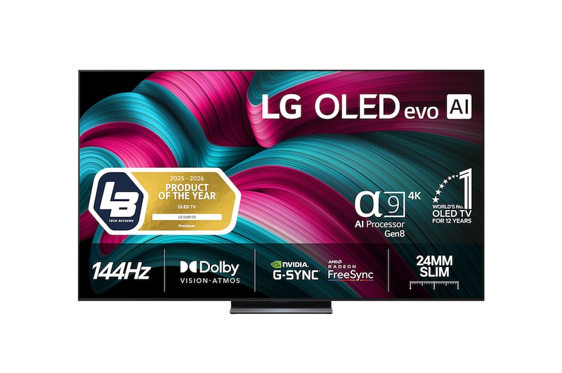Visning forfra af LG OLED evo AI C5 4K Smart TV. På skærmen er der et emblem for 12 år som nummer 1 OLED i verden og logo for LG OLED evo AI 2025.
