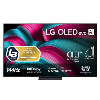 Visning forfra af LG OLED evo AI C5 4K Smart TV. På skærmen er der et emblem for 12 år som nummer 1 OLED i verden og logo for LG OLED evo AI 2025.