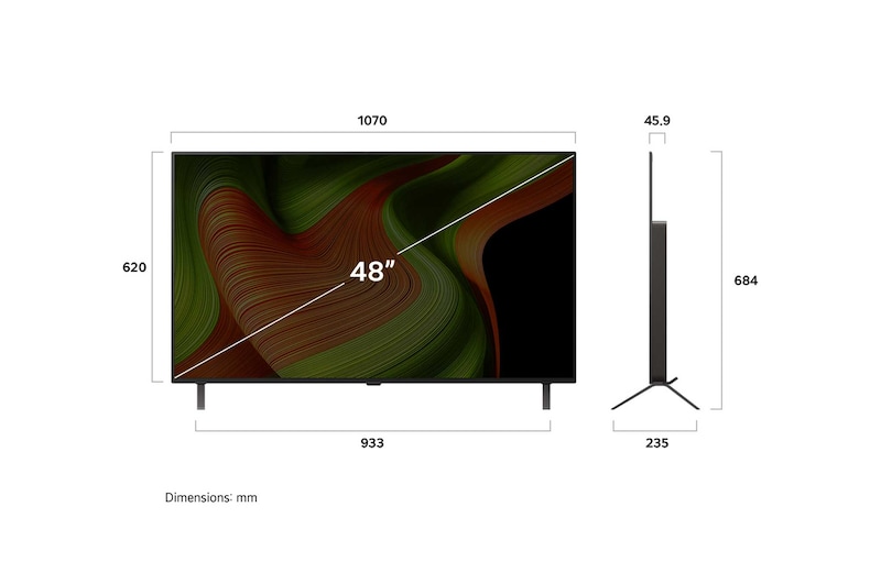 Visning forfra og fra siden af LG OLED AI B5 4K Smart TV, hvor dets mål for længde, bredde, højde og dybde ses.