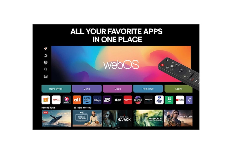 Stue med et vægmonteret LG OLED TV. På TV'et ses en bjergkæde mod en mørk nattehimmel fyldt med stjerner. Denne scene er opdelt i to for at vise, hvordan Perfekt sort leverer ægte sorte niveauer, uanset om der er lyst eller mørkt omkring dig. Den ene side af scenen viser en mere mat og grå version af landskabet, som er mærket “Mat visning”. På den anden side ses et bedre billede med større dynamisk område for sort og hvid. Dette er mærket “Perfekt sort skærm”. Logo-certificering er også synlig, perfekt sort teknologi leverer sorte niveauer under eller lig med 0,24 nit op til 500 lux. En tekstboble ved siden af siger, kontroller certificeringsmærket for Perfekt sort.